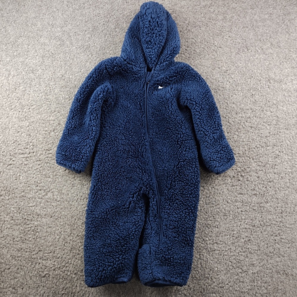 Nike Coverall Baby 9M Sherpa Hooded Full Zip Navy Blue Fleece EUC